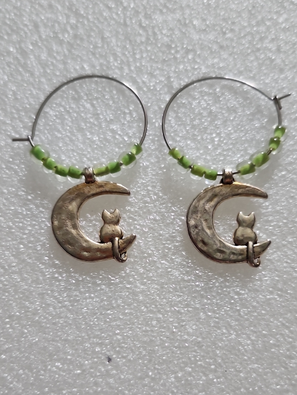 Hand Crafted Silver Moon & Cat Hoop Earrings with Light Green Beads